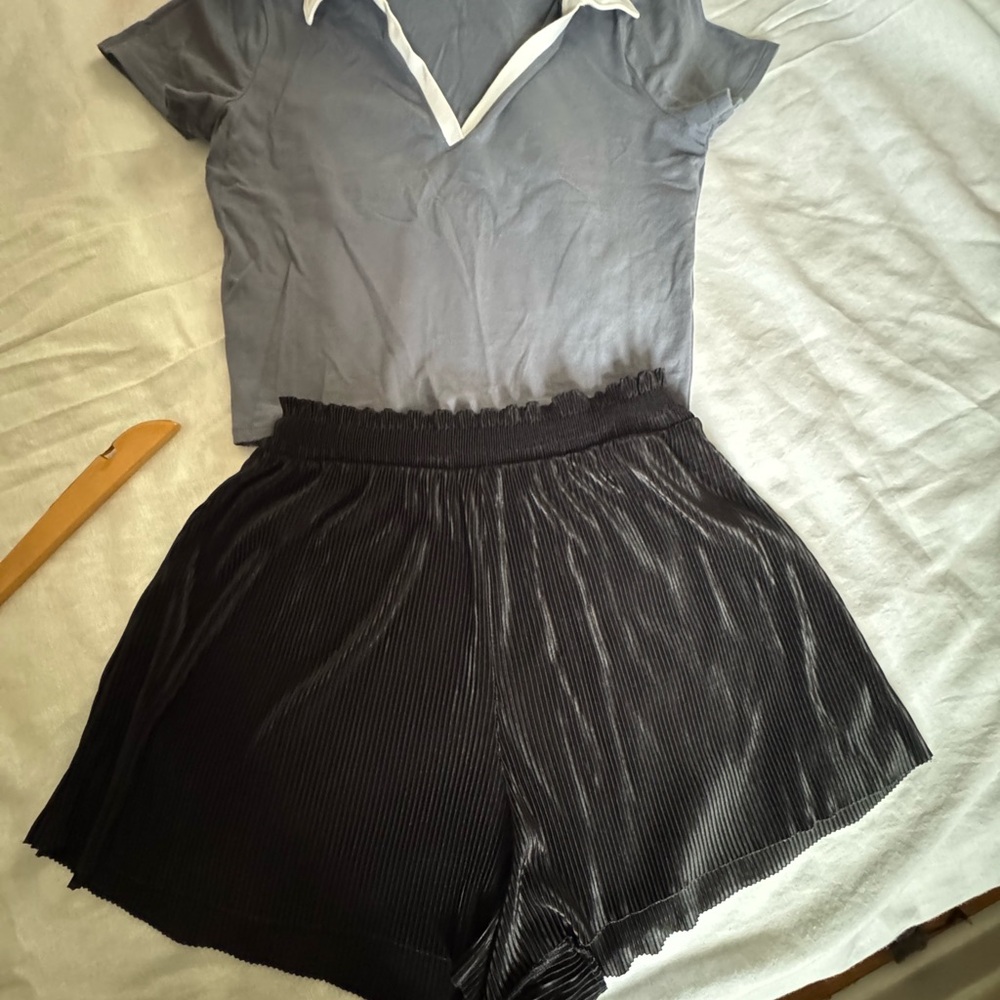 Gray Top and Black Pleated Shorts Set